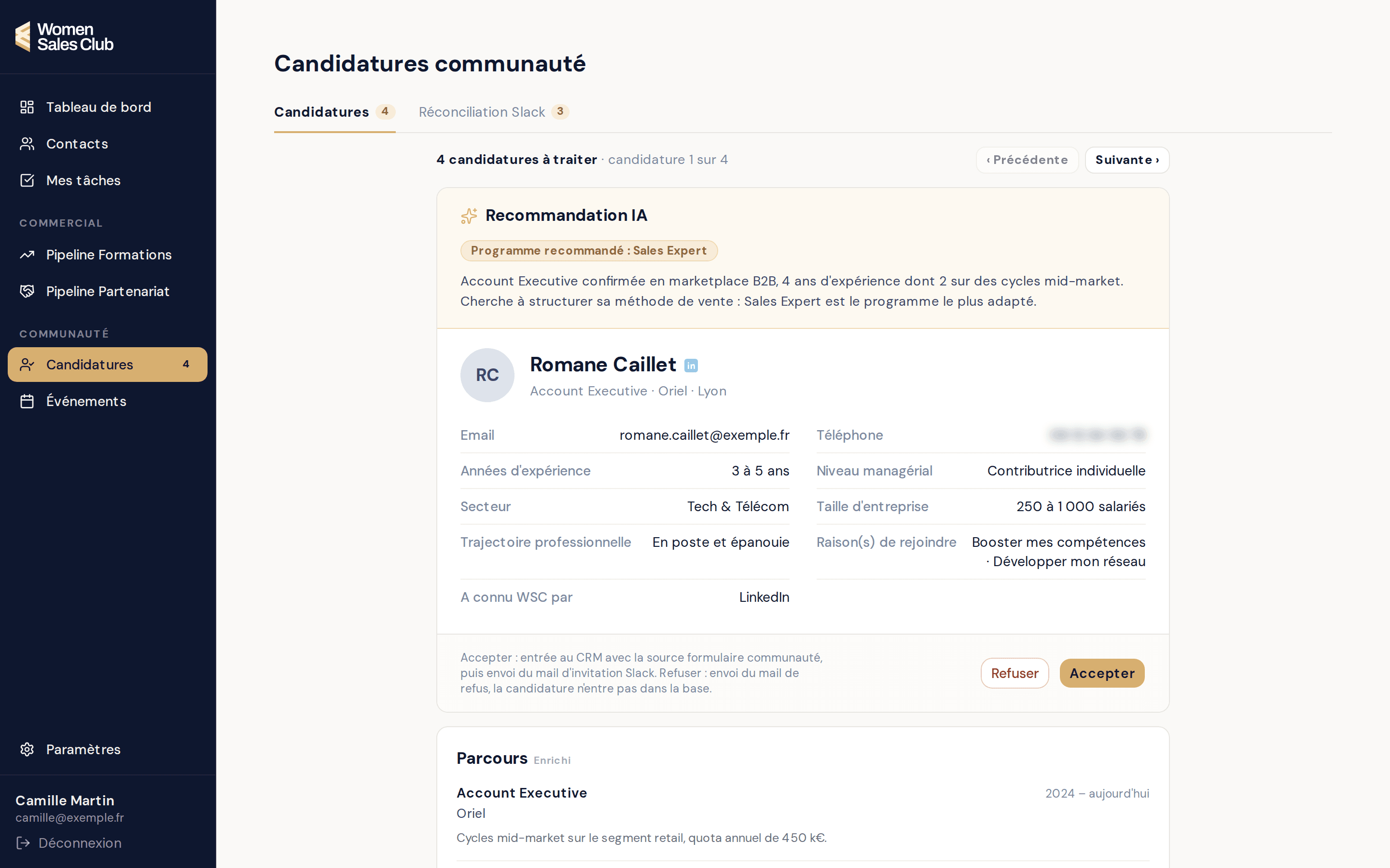 Revue d'une candidature avec le profil enrichi et la recommandation de l'IA