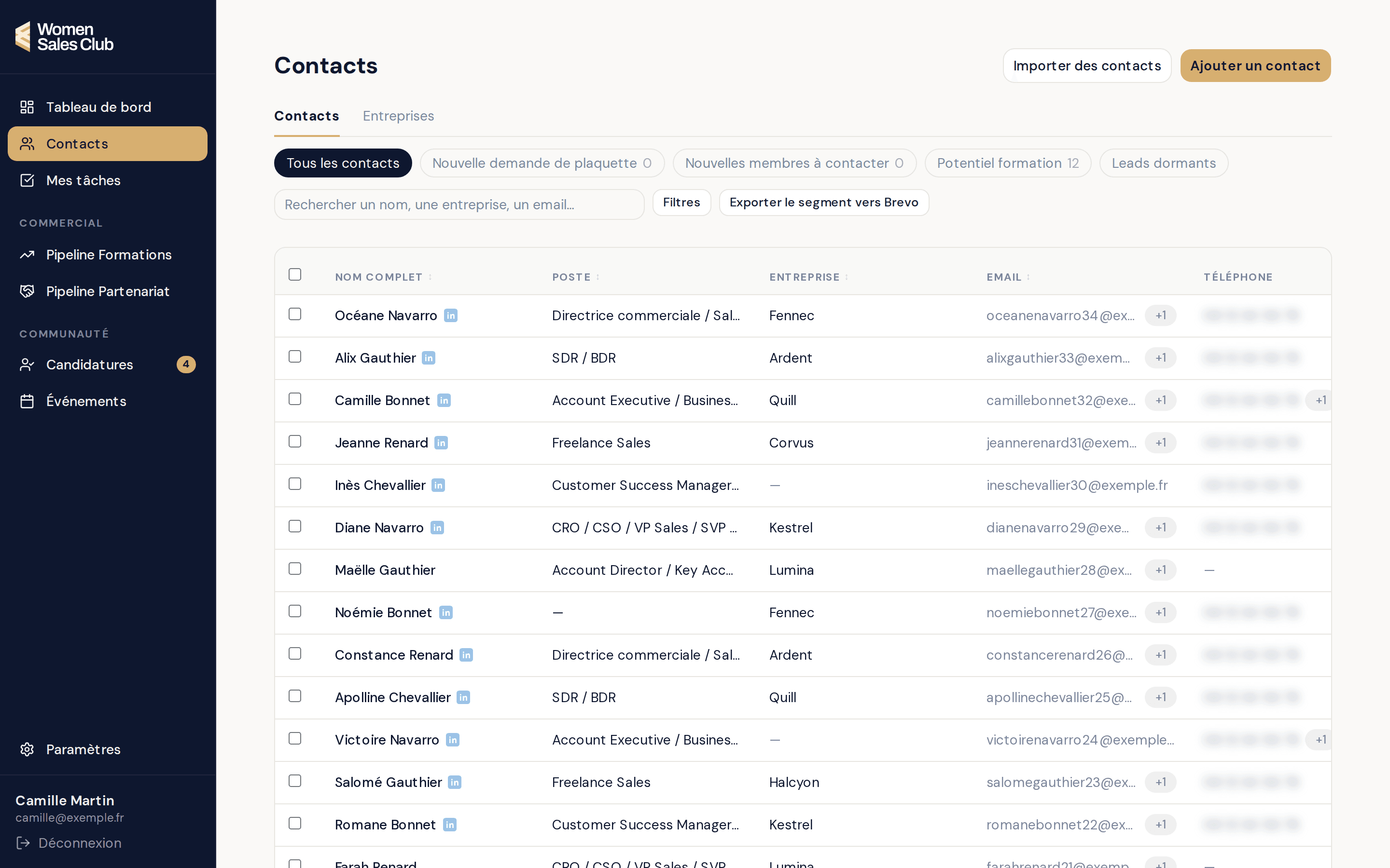 Liste des contacts avec ses segments et l'export vers Brevo