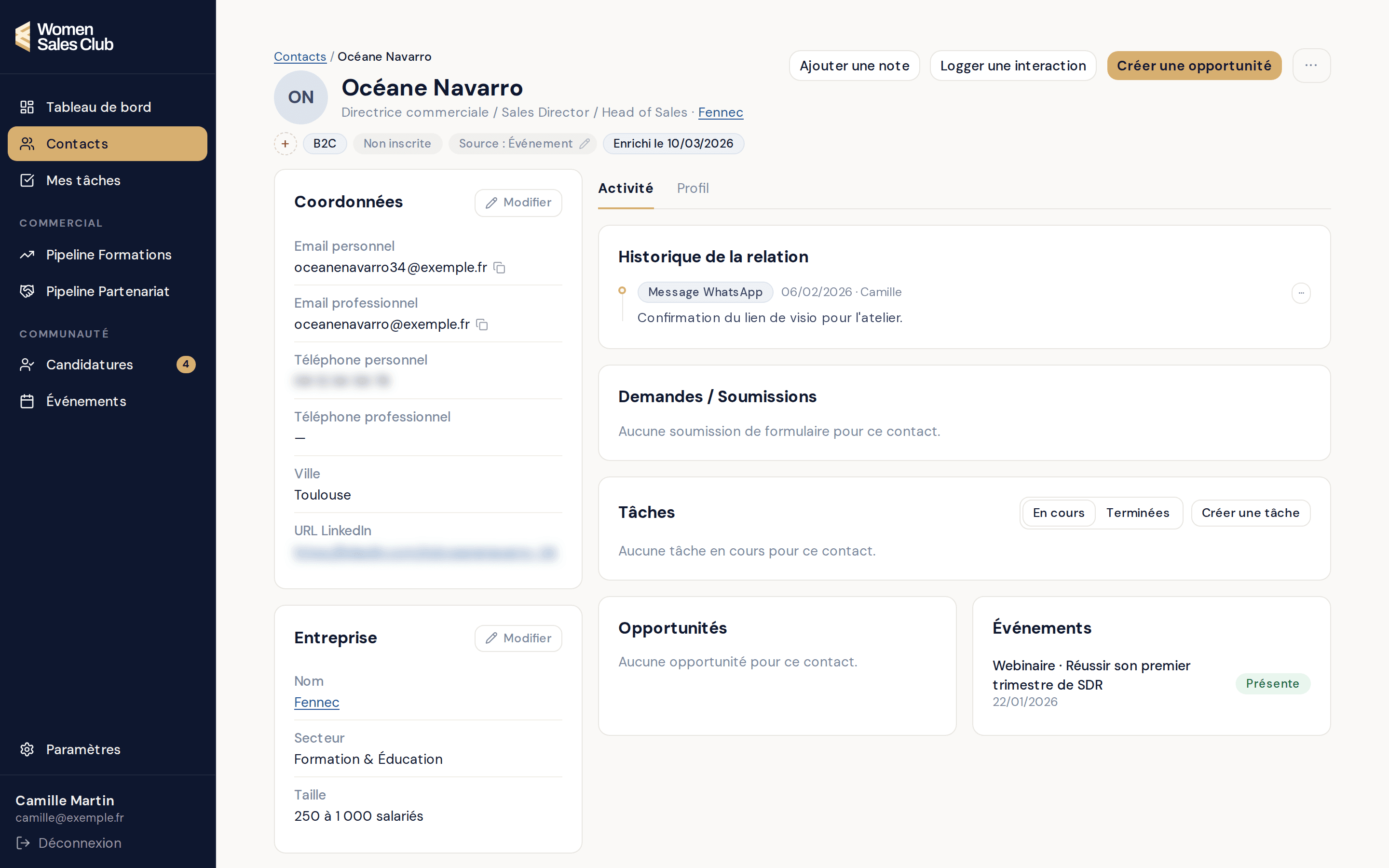 Fiche contact avec l'historique de la relation, les opportunités et les événements